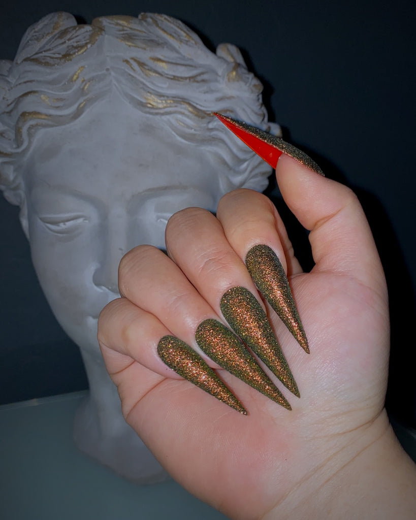 Scarabaeus: Red Bottoms-Pamper Nail Gallery-color-shifting scarabaeus green glitter with red bottoms