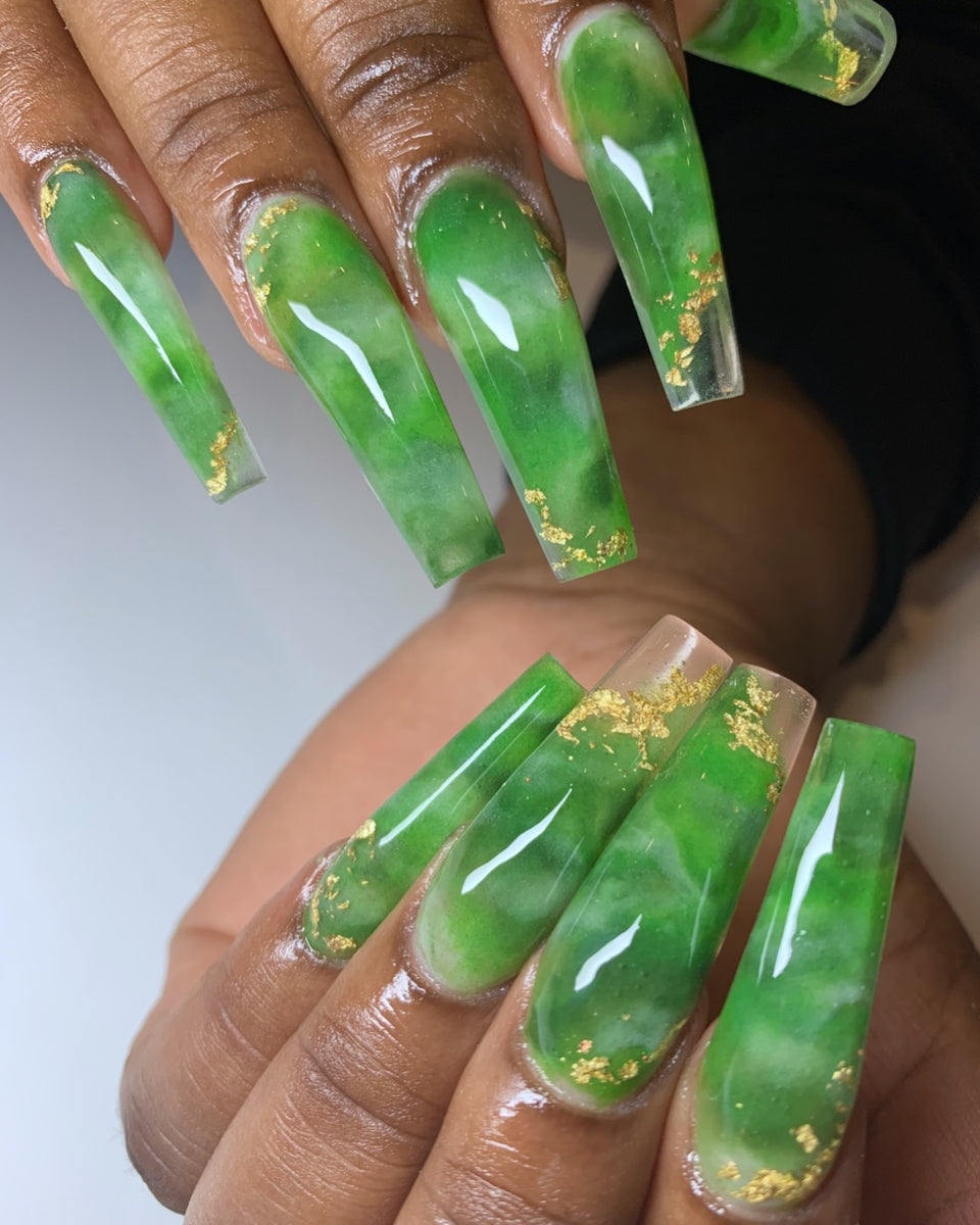 Jade with gold flakes, By Nails Colure & Spa