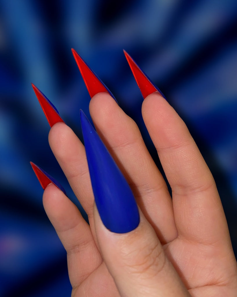 Royal: Red Bottoms- Pamper Nail Gallery- matte ultramarine royal blue base and classic ruby red-bottoms
