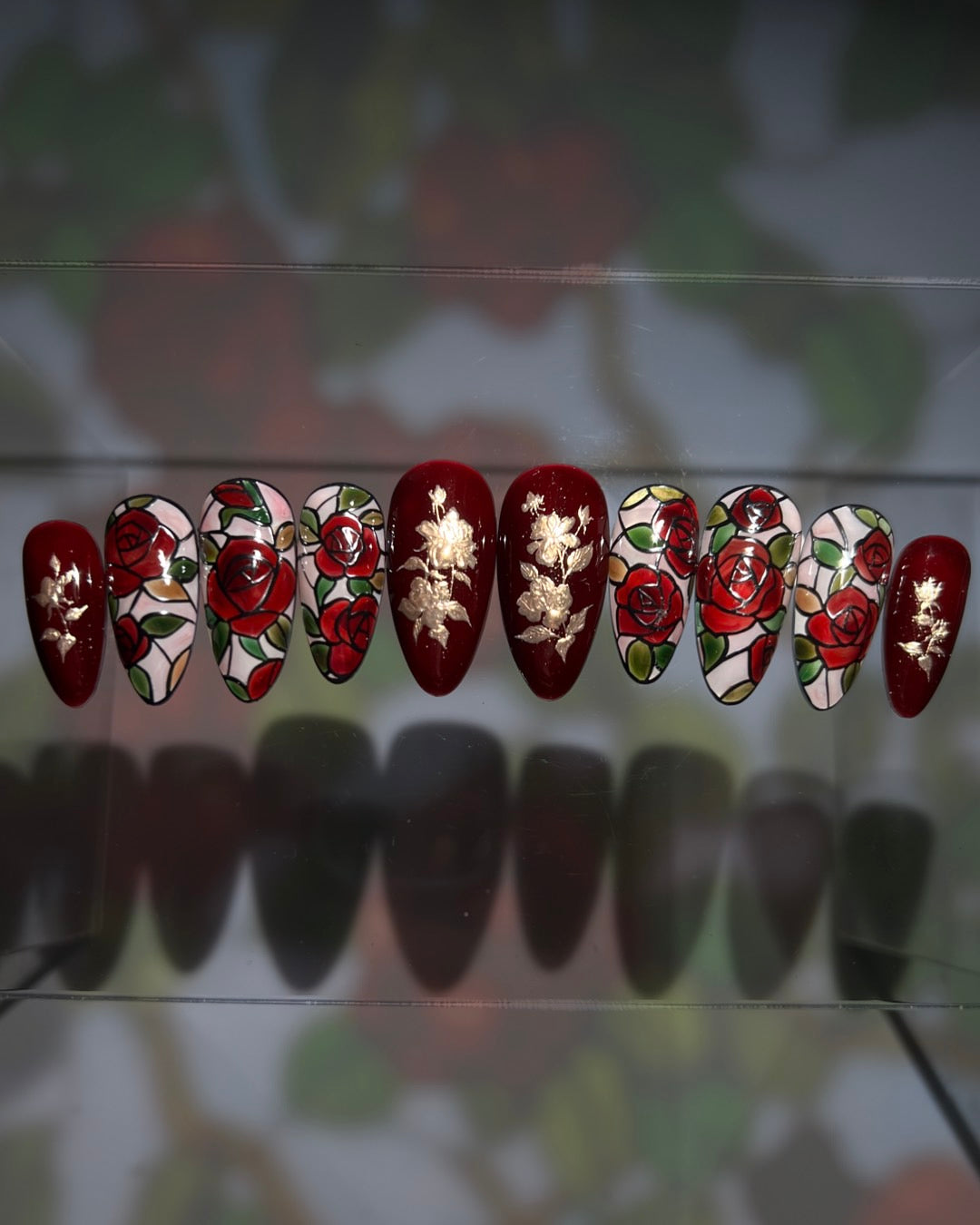 Long Nail Art Bridal Roses That Shine