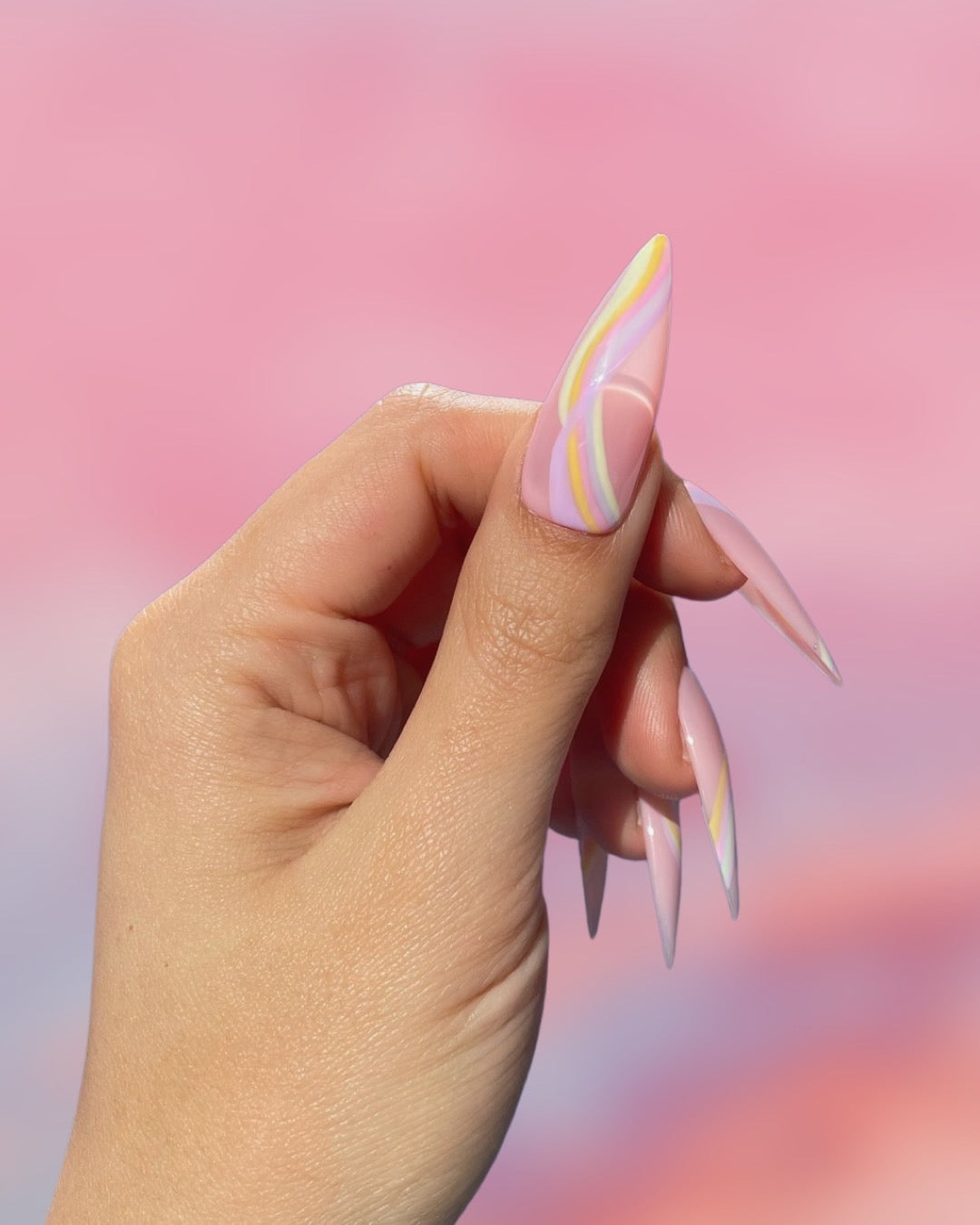 Classic Almond Nails with Pastel Swirls