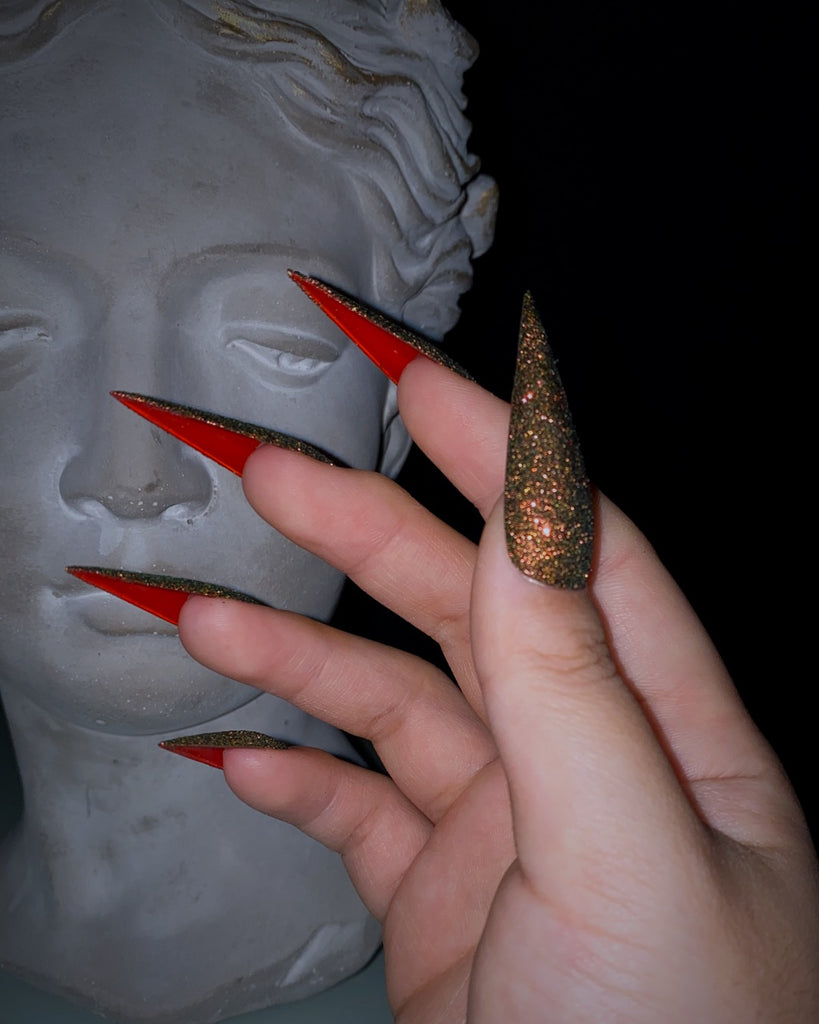 Scarabaeus: Red Bottoms-Pamper Nail Gallery-color-shifting scarabaeus green glitter with red bottoms