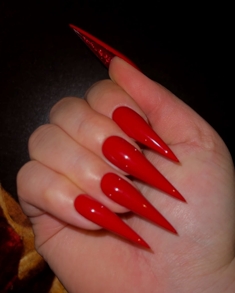 Crimson (Crushed Ruby)-Pamper Nail Gallery-glossy crimson top with a vampy crushed glitter crimson underside