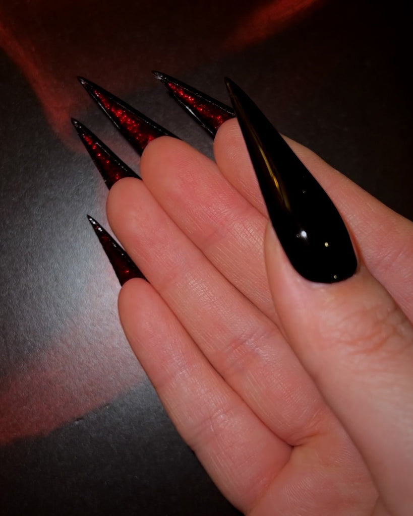 Piano Black: Crushed Ruby-Pamper Nail Gallery-sleek black base with crushed glitter crimson underside