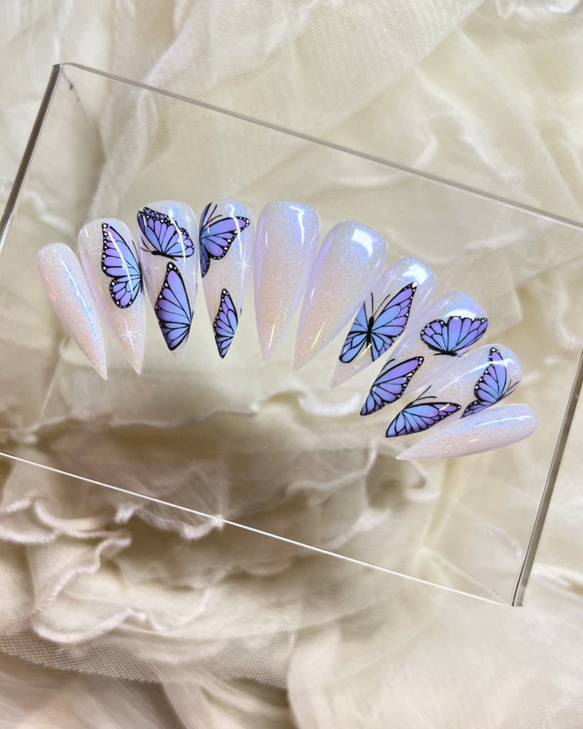 Flutter Angelic-Pamper Nail Gallery-periwinkle ombré butterflies with electric blue shimmers 