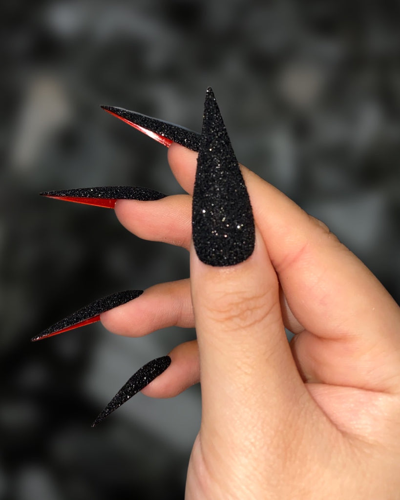 Obsidian Black: Red Bottoms- Pamper Nail Gallery-  ultrafine Rembrandt Obsidian black handpoured glitter paired with classic cherry red-bottoms