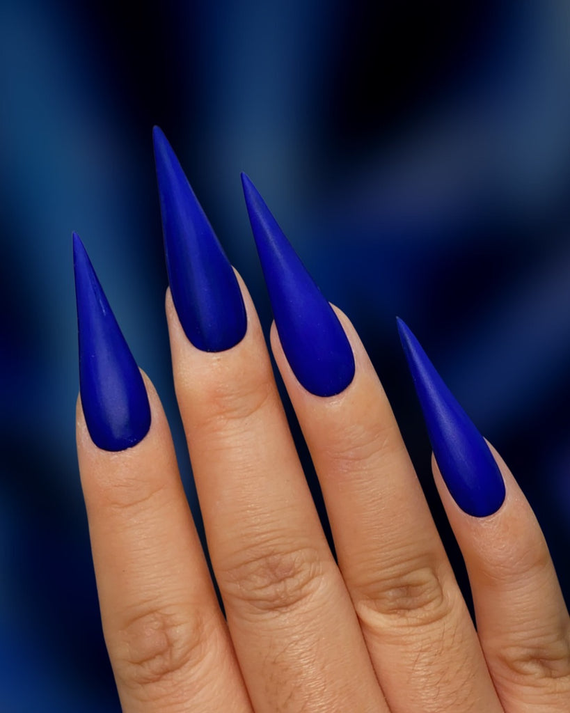 Royal: Red Bottoms- Pamper Nail Gallery- matte ultramarine royal blue base and classic ruby red-bottoms