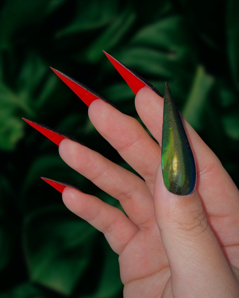 Scarabaeus II: Red Bottoms- Pamper Nail Gallery- color shifting green chrome with red bottoms 