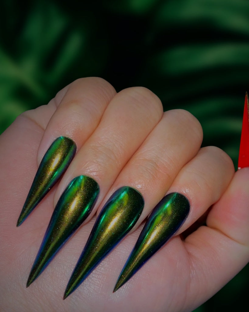 Scarabaeus II: Red Bottoms- Pamper Nail Gallery- color shifting green chrome with red bottoms 